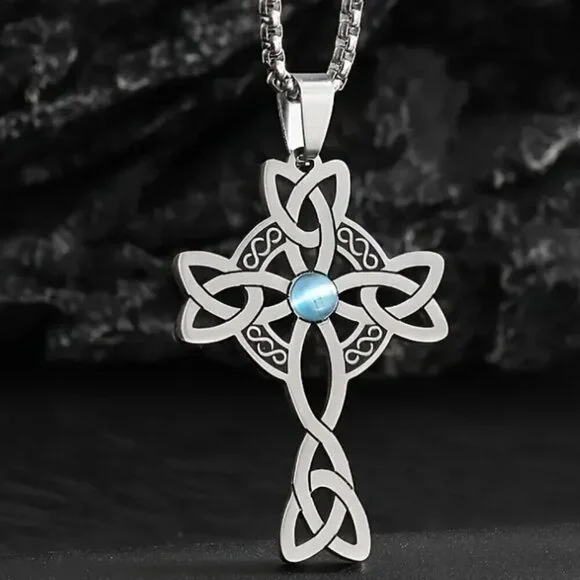 Stainless Steel Celtic Knot Cross Pendant Necklace Synthetic Blue Zirconia NWT - Picture 2 of 3